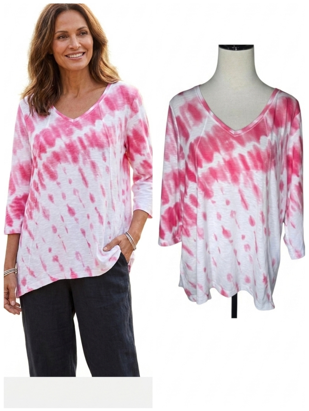 Chico's Zenergy Pink and White Tie-Dye V-Neck Top Women's Size Large